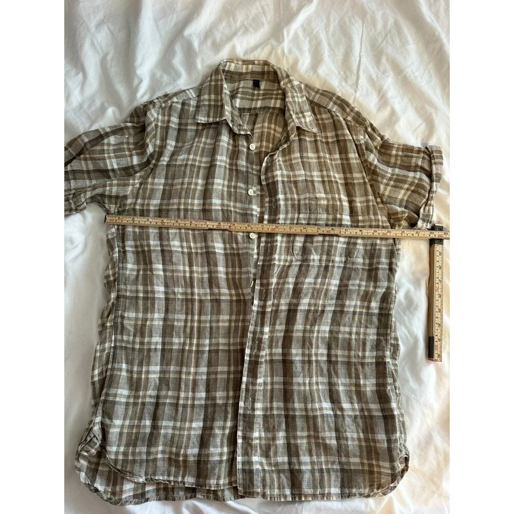 Men’s 100% Linen Shirt Plaid Brown Beige Button Up Casual Summer Lightweight M - Picture 7 of 8